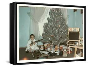 Boy with Gun and Fake Christmas Tree-null-Framed Stretched Canvas