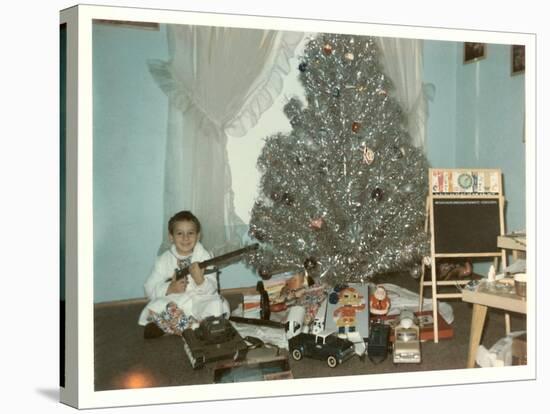 Boy with Gun and Fake Christmas Tree-null-Stretched Canvas