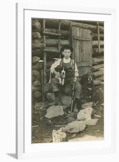 Boy with Rifle and Two Dogs-null-Framed Art Print