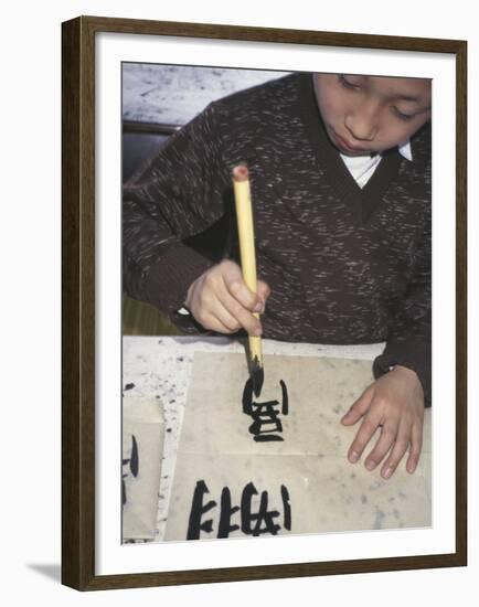 Boy Writing Chinese Calligraphy, Shanghai, China-Keren Su-Framed Premium Photographic Print