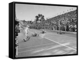 Boys and their Cars Crossing the Finish Line During the Soap Box Derby-Carl Mydans-Framed Stretched Canvas