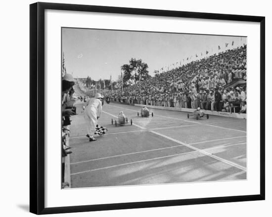 Boys and their Cars Crossing the Finish Line During the Soap Box Derby-Carl Mydans-Framed Photographic Print