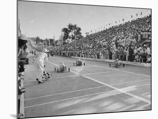 Boys and their Cars Crossing the Finish Line During the Soap Box Derby-Carl Mydans-Mounted Photographic Print