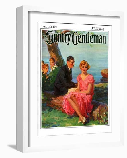 "Boys Eavesdropping on Courting Couple," Country Gentleman Cover, August 1, 1930-Frank Bensing-Framed Giclee Print