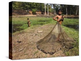 Boys Fishing Around the Temples of Angkor, Cambodia, Indochina, Southeast Asia-Andrew Mcconnell-Stretched Canvas