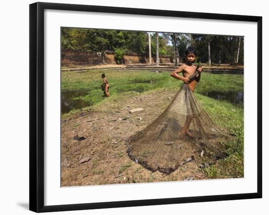 Boys Fishing Around the Temples of Angkor, Cambodia, Indochina, Southeast Asia-Andrew Mcconnell-Framed Photographic Print