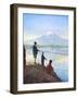 Boys Fishing by the Shores of Lake Close to Mount Fujiyama-null-Framed Art Print