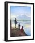 Boys Fishing by the Shores of Lake Close to Mount Fujiyama-null-Framed Art Print