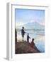 Boys Fishing by the Shores of Lake Close to Mount Fujiyama-null-Framed Art Print