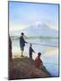 Boys Fishing by the Shores of Lake Close to Mount Fujiyama-null-Mounted Art Print