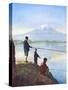 Boys Fishing by the Shores of Lake Close to Mount Fujiyama-null-Stretched Canvas