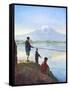 Boys Fishing by the Shores of Lake Close to Mount Fujiyama-null-Framed Stretched Canvas