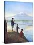 Boys Fishing by the Shores of Lake Close to Mount Fujiyama-null-Stretched Canvas