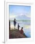 Boys Fishing by the Shores of Lake Close to Mount Fujiyama-null-Framed Art Print