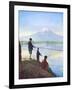 Boys Fishing by the Shores of Lake Close to Mount Fujiyama-null-Framed Art Print