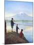 Boys Fishing by the Shores of Lake Close to Mount Fujiyama-null-Mounted Art Print