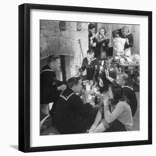 Boys from Navy Air Force Picnicking with College Girls-Nina Leen-Framed Photographic Print