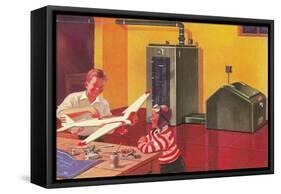 Boys in Basement with Model Airplane-null-Framed Stretched Canvas