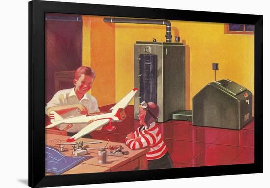 Boys in Basement with Model Airplane-Found Image Press-Framed Giclee Print