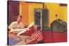 Boys in Basement with Model Airplane-Found Image Press-Stretched Canvas