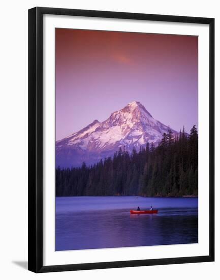 Boys in Canoe on Lost Lake with Mt Hood in the Distance, Mt Hood National Forest, Oregon, USA-Janis Miglavs-Framed Premium Photographic Print