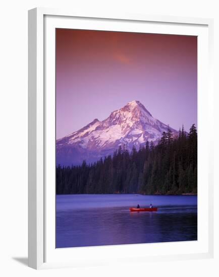 Boys in Canoe on Lost Lake with Mt Hood in the Distance, Mt Hood National Forest, Oregon, USA-Janis Miglavs-Framed Premium Photographic Print