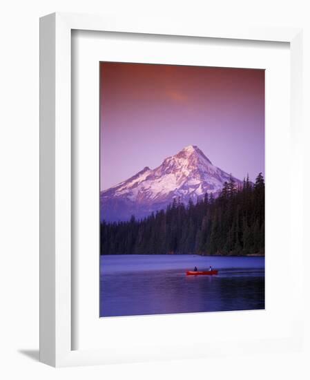 Boys in Canoe on Lost Lake with Mt Hood in the Distance, Mt Hood National Forest, Oregon, USA-Janis Miglavs-Framed Photographic Print