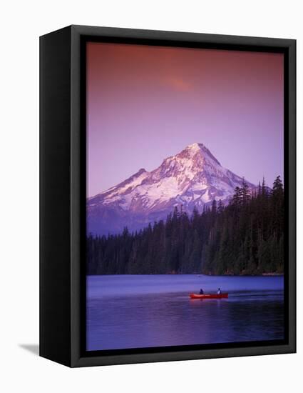 Boys in Canoe on Lost Lake with Mt Hood in the Distance, Mt Hood National Forest, Oregon, USA-Janis Miglavs-Framed Stretched Canvas