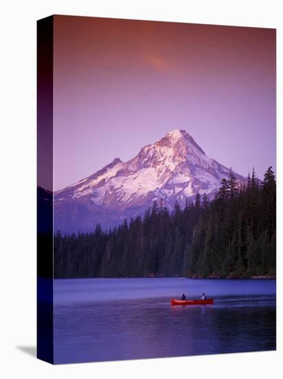 Boys in Canoe on Lost Lake with Mt Hood in the Distance, Mt Hood National Forest, Oregon, USA-Janis Miglavs-Stretched Canvas