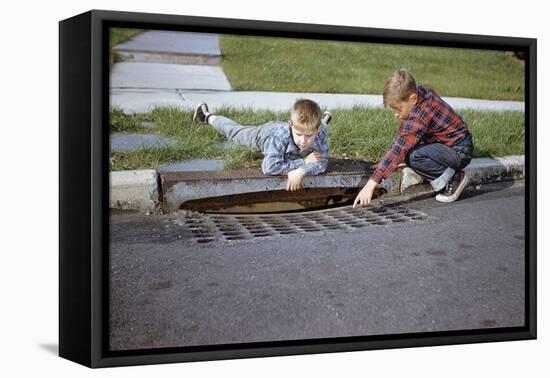 Boys Looking into Grate-William P. Gottlieb-Framed Stretched Canvas