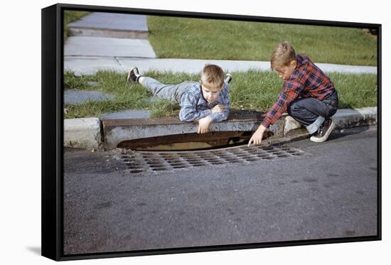 Boys Looking into Grate-William P. Gottlieb-Framed Stretched Canvas