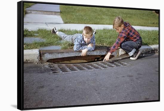 Boys Looking into Grate-William P. Gottlieb-Framed Stretched Canvas