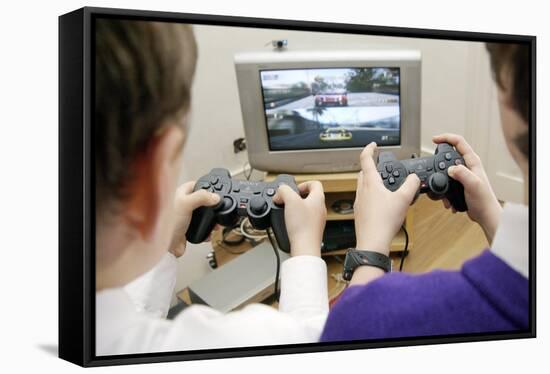 Boys Playing a Video Game-Johnny Greig-Framed Stretched Canvas