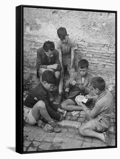 Boys Playing Cards on Steps in Town-Dmitri Kessel-Framed Stretched Canvas