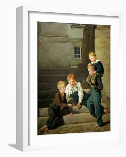 Boys playing dice in front of Christiansborg palace in Copenhagen.-Constantin Hansen-Framed Giclee Print