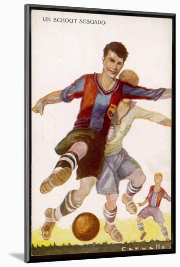 Boys Playing Football in Spanish Team Colours-null-Mounted Photographic Print