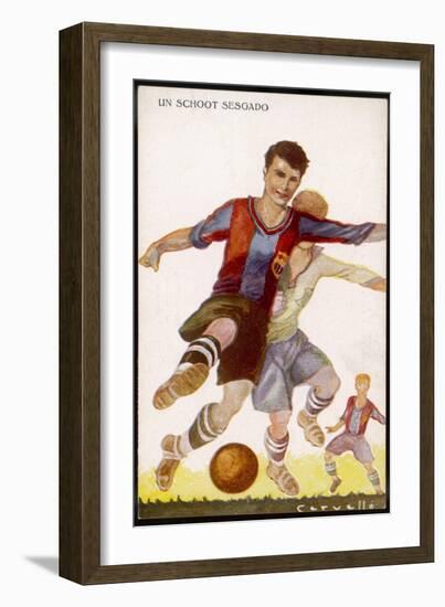 Boys Playing Football in Spanish Team Colours-null-Framed Photographic Print