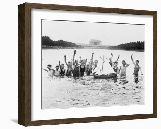 Boys Swimming in the Reflecting Pool Photograph - Washington, DC-Lantern Press-Framed Art Print