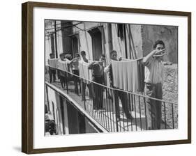 Boys Working in Pasta Factory Carry Rods of Pasta to Drying Rooms-Alfred Eisenstaedt-Framed Photographic Print