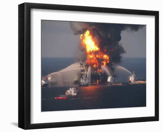 BP's Deepwater Horizon Oil Rig in Flames on April 21, 2010-null-Framed Photo