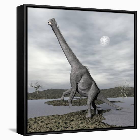 Brachiosaurus Dinosaur Backdropped by a Full Moon-null-Framed Stretched Canvas