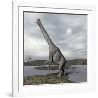 Brachiosaurus Dinosaur Backdropped by a Full Moon-null-Framed Art Print