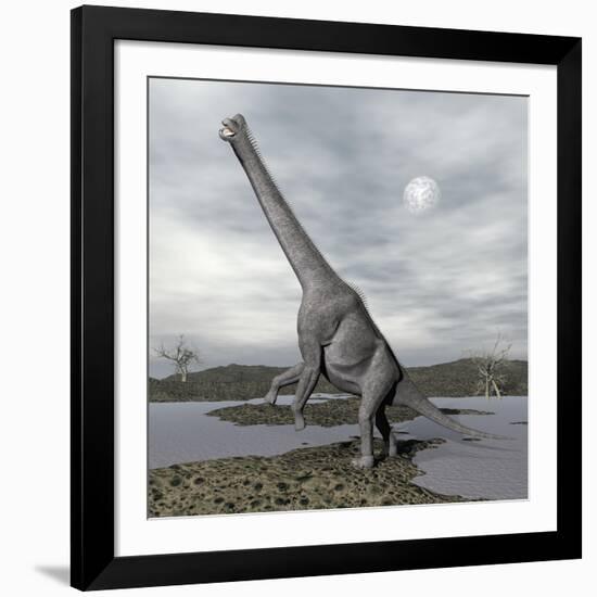 Brachiosaurus Dinosaur Backdropped by a Full Moon-null-Framed Art Print