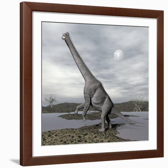 Brachiosaurus Dinosaur Backdropped by a Full Moon-null-Framed Art Print