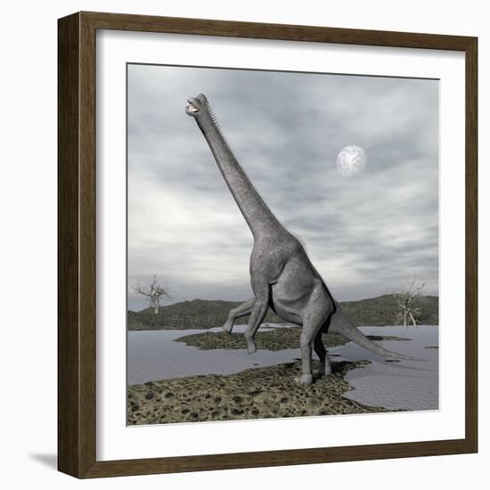 Brachiosaurus Dinosaur Backdropped by a Full Moon-null-Framed Art Print