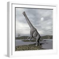 Brachiosaurus Dinosaur Backdropped by a Full Moon-null-Framed Art Print