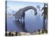 Brachiosaurus Dinosaur Walking in Water by Morning Light-null-Stretched Canvas