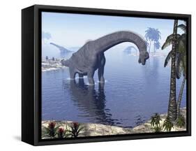 Brachiosaurus Dinosaur Walking in Water by Morning Light-null-Framed Stretched Canvas