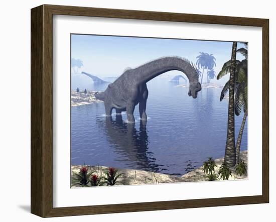 Brachiosaurus Dinosaur Walking in Water by Morning Light-null-Framed Art Print