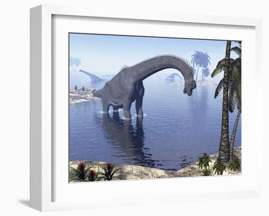 Brachiosaurus Dinosaur Walking in Water by Morning Light-null-Framed Art Print